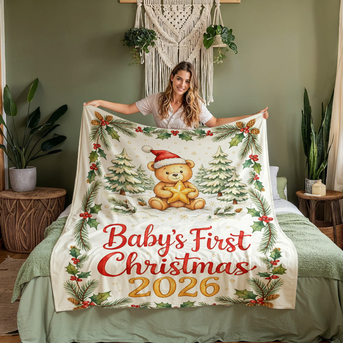 Baby's First Christmas 2026 Fleece Blanket - Teddy with Gold Star