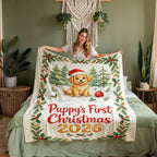 Puppy's First Christmas 2026 Fleece Blanket - Golden Puppy in Santa Hat