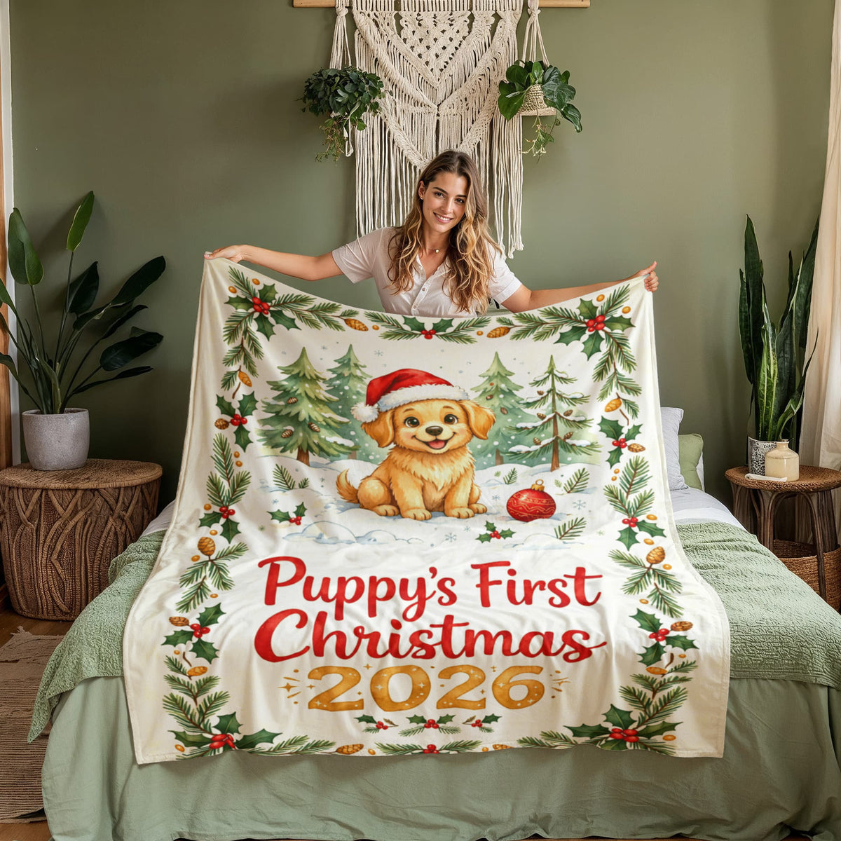 Puppy's First Christmas 2026 Fleece Blanket - Golden Puppy in Santa Hat
