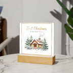 First Christmas in Our New Home 2026 Square Acrylic Plaque - Snowy Cottage LED Keepsake