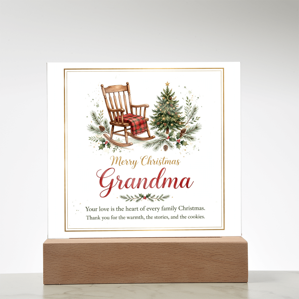 Merry Christmas Grandma Square Acrylic Plaque - Rocking Chair LED Keepsake Gift