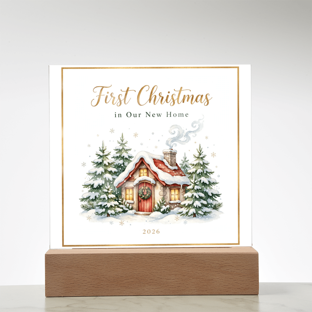 First Christmas in Our New Home 2026 Square Acrylic Plaque - Snowy Cottage LED Keepsake