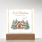 First Christmas in Our New Home 2026 Square Acrylic Plaque - Snowy Cottage LED Keepsake