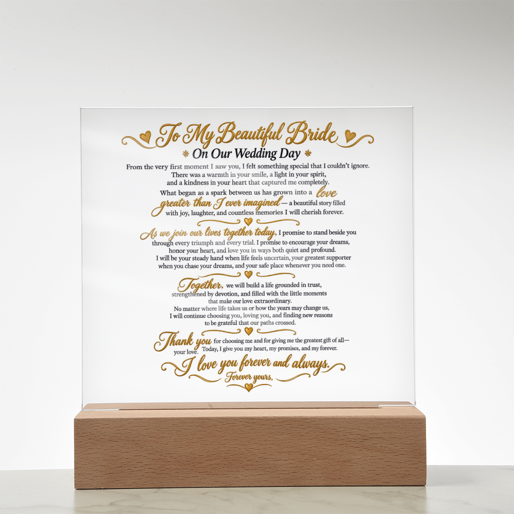 Wedding Vows Acrylic Plaque, To My Beautiful Bride, Romantic Wedding Keepsake Gift