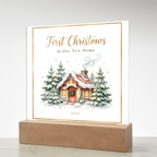 First Christmas in Our New Home 2026 Square Acrylic Plaque - Snowy Cottage LED Keepsake