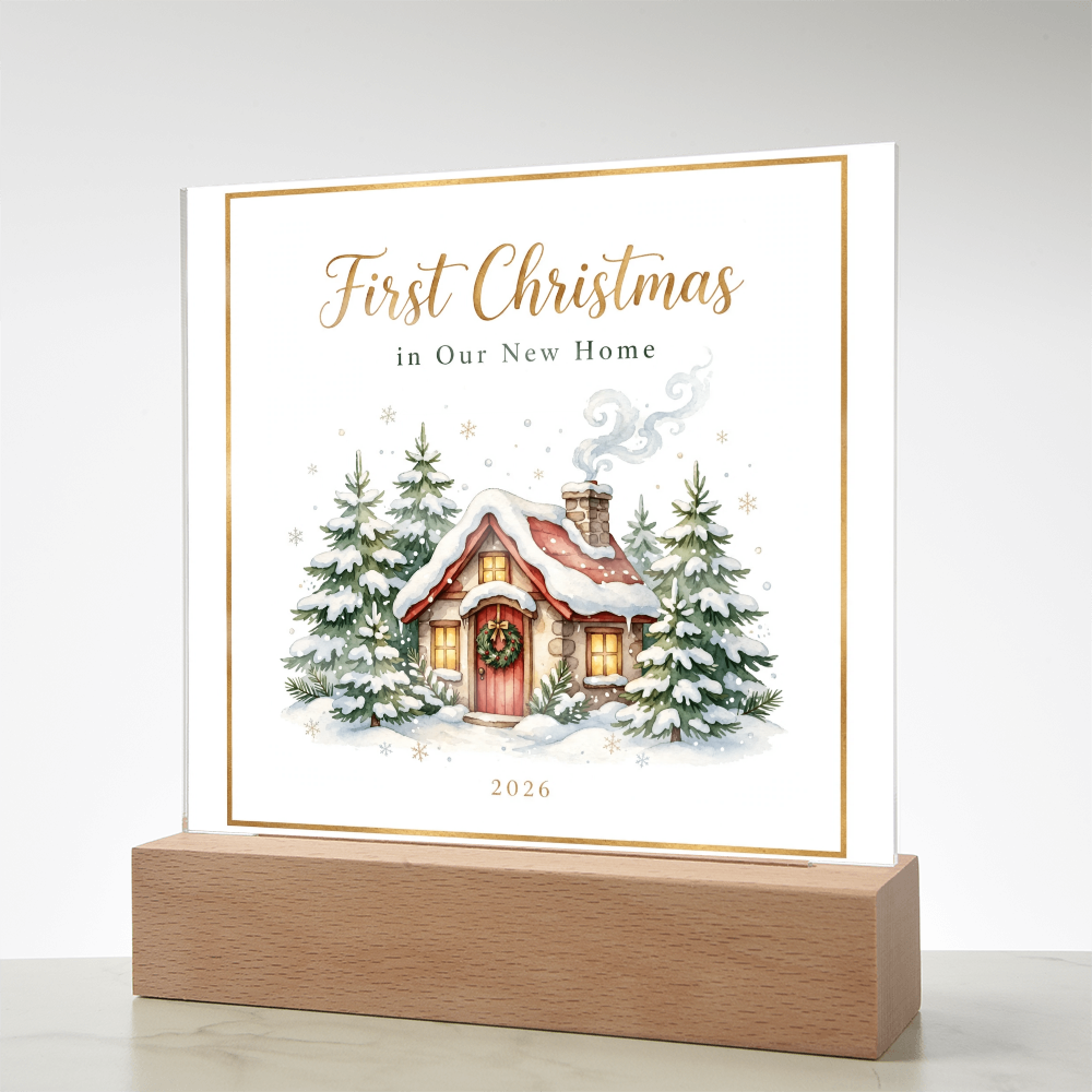 First Christmas in Our New Home 2026 Square Acrylic Plaque - Snowy Cottage LED Keepsake