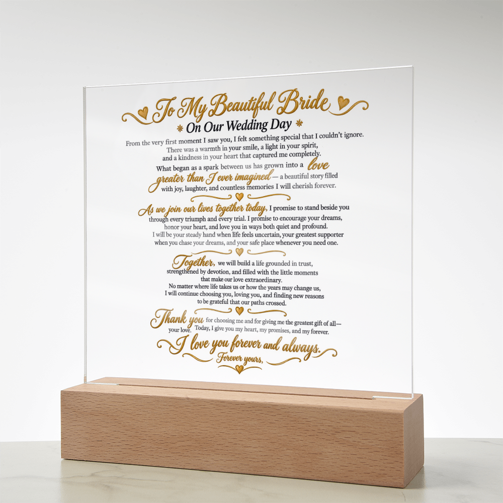 Wedding Vows Acrylic Plaque, To My Beautiful Bride, Romantic Wedding Keepsake Gift