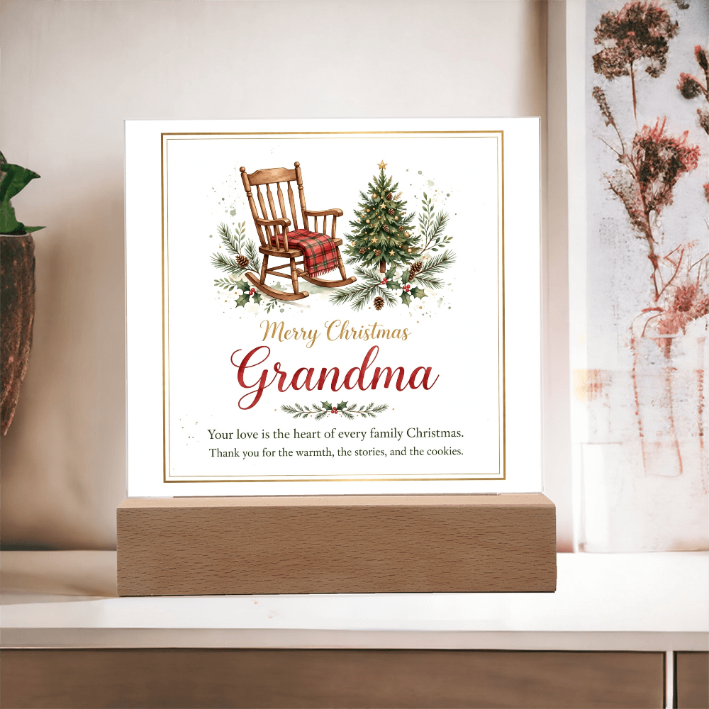 Merry Christmas Grandma Square Acrylic Plaque - Rocking Chair LED Keepsake Gift