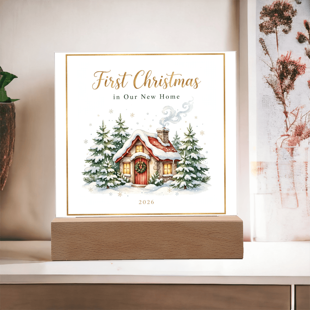 First Christmas in Our New Home 2026 Square Acrylic Plaque - Snowy Cottage LED Keepsake