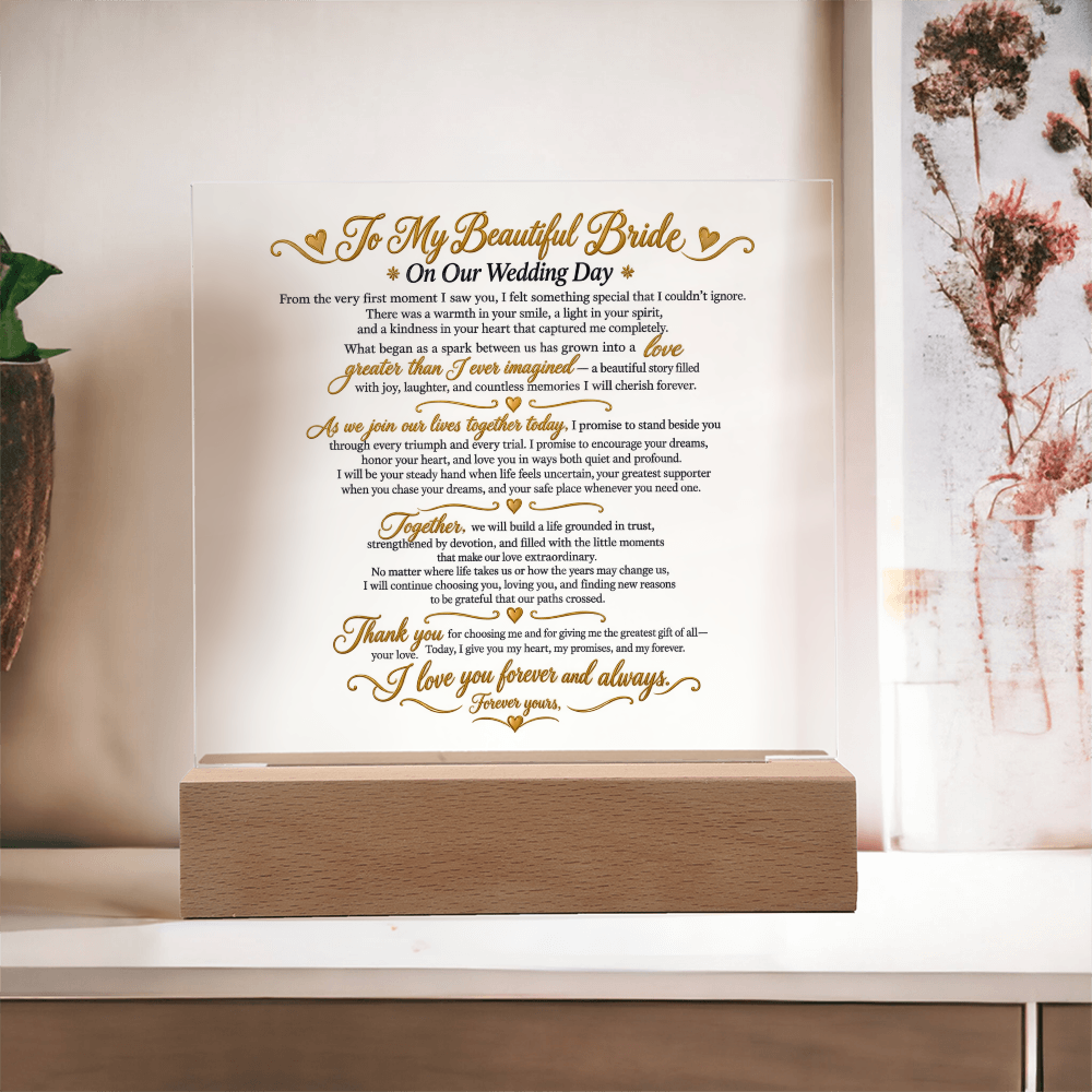 Wedding Vows Acrylic Plaque, To My Beautiful Bride, Romantic Wedding Keepsake Gift