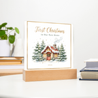 First Christmas in Our New Home 2026 Square Acrylic Plaque - Snowy Cottage LED Keepsake