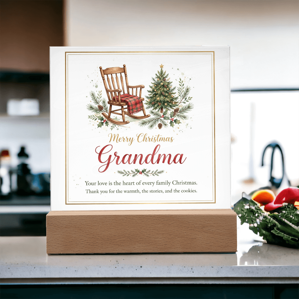 Merry Christmas Grandma Square Acrylic Plaque - Rocking Chair LED Keepsake Gift