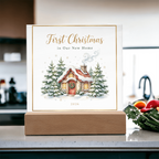 First Christmas in Our New Home 2026 Square Acrylic Plaque - Snowy Cottage LED Keepsake