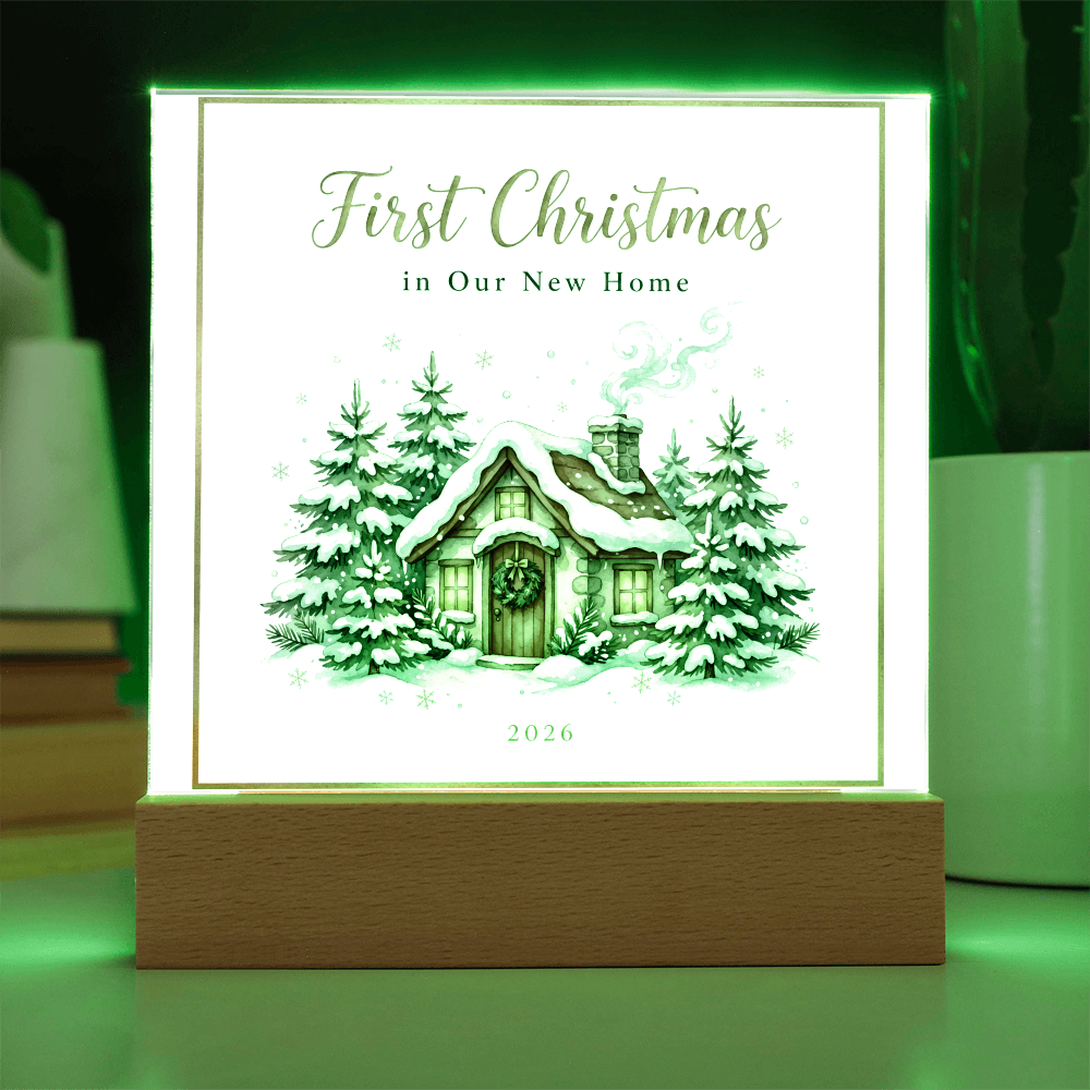 First Christmas in Our New Home 2026 Square Acrylic Plaque - Snowy Cottage LED Keepsake