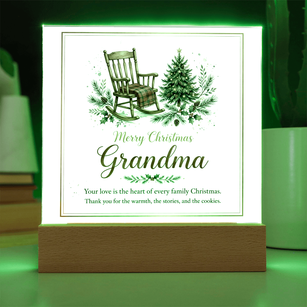 Merry Christmas Grandma Square Acrylic Plaque - Rocking Chair LED Keepsake Gift