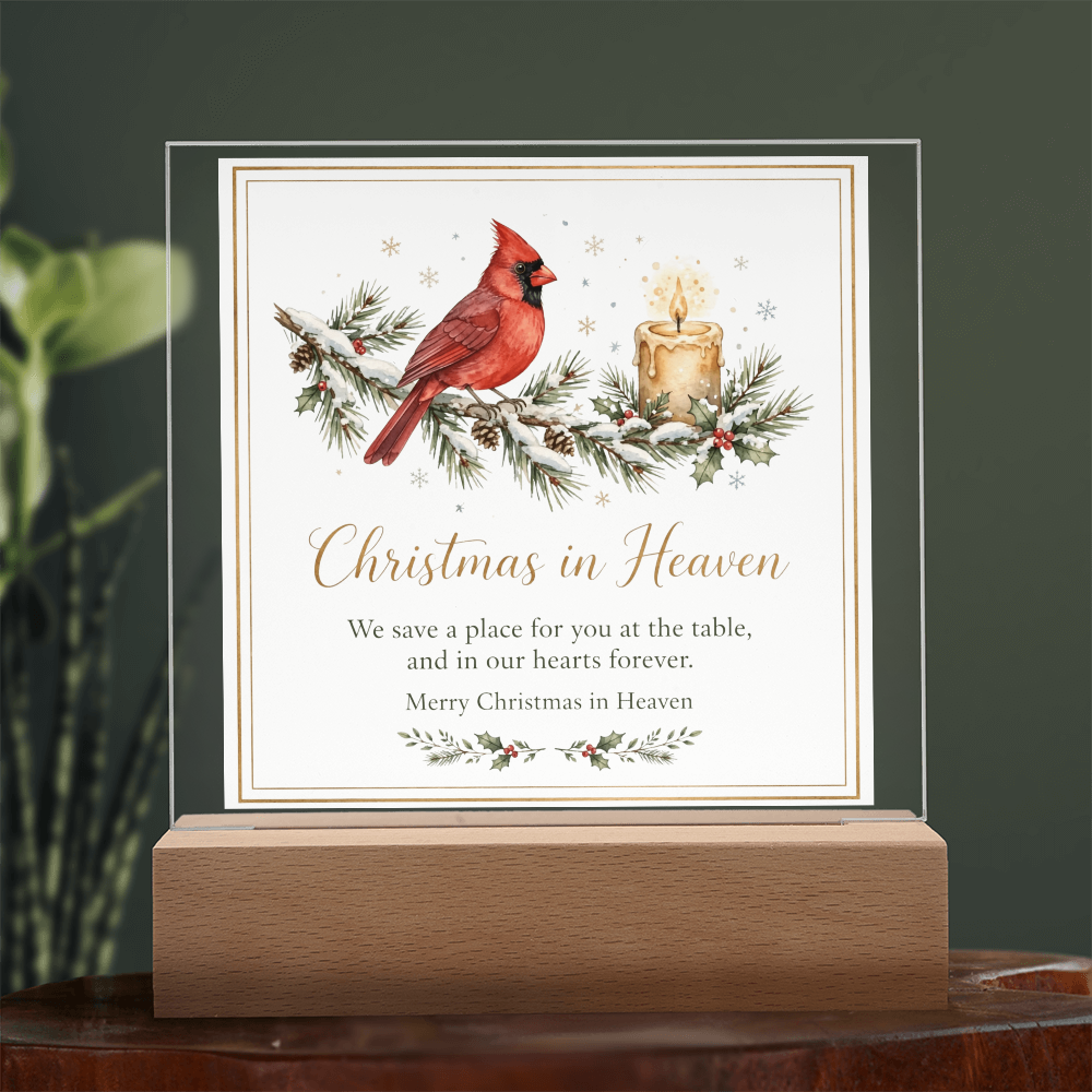 Christmas in Heaven Square Acrylic Plaque - Cardinal Memorial LED Keepsake
