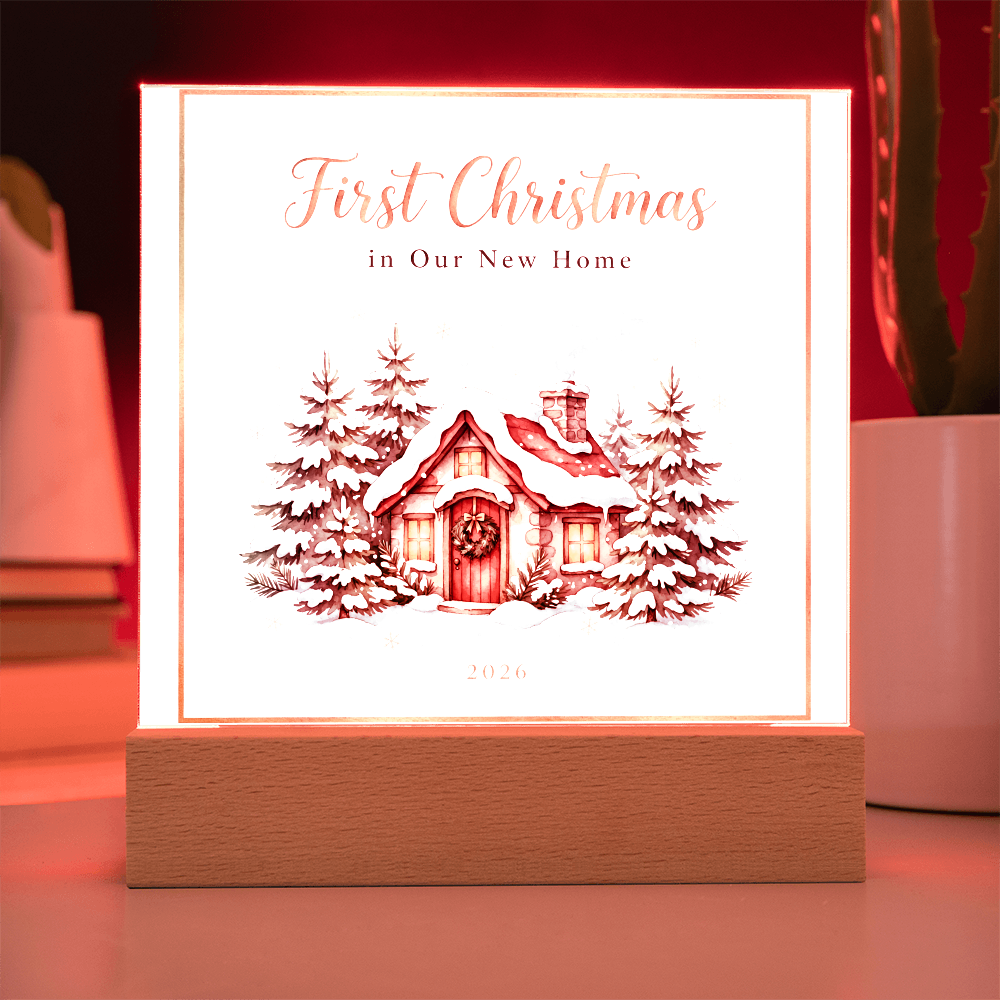 First Christmas in Our New Home 2026 Square Acrylic Plaque - Snowy Cottage LED Keepsake