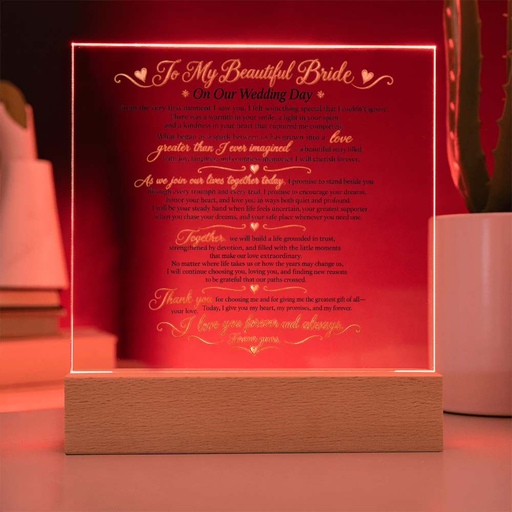 Wedding Vows Acrylic Plaque, To My Beautiful Bride, Romantic Wedding Keepsake Gift