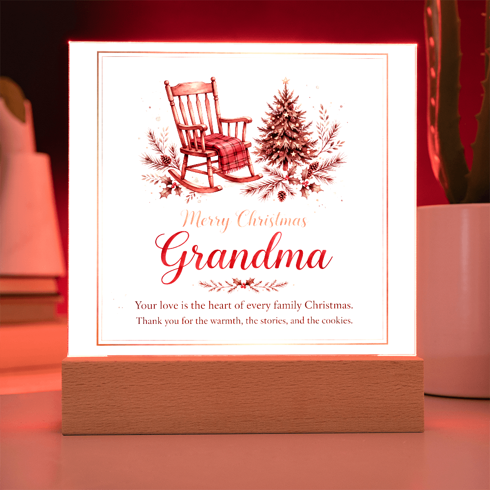 Merry Christmas Grandma Square Acrylic Plaque - Rocking Chair LED Keepsake Gift