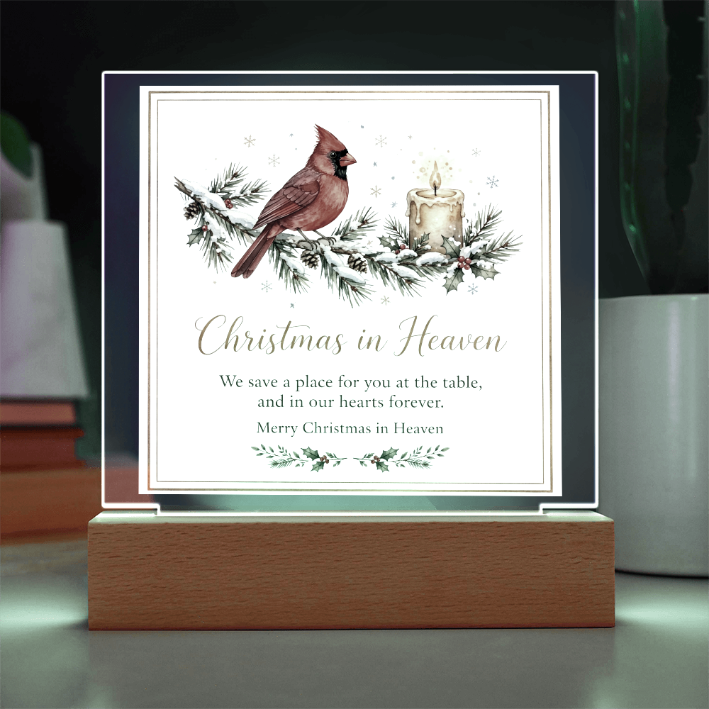 Christmas in Heaven Square Acrylic Plaque - Cardinal Memorial LED Keepsake
