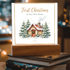 First Christmas in Our New Home 2026 Square Acrylic Plaque - Snowy Cottage LED Keepsake