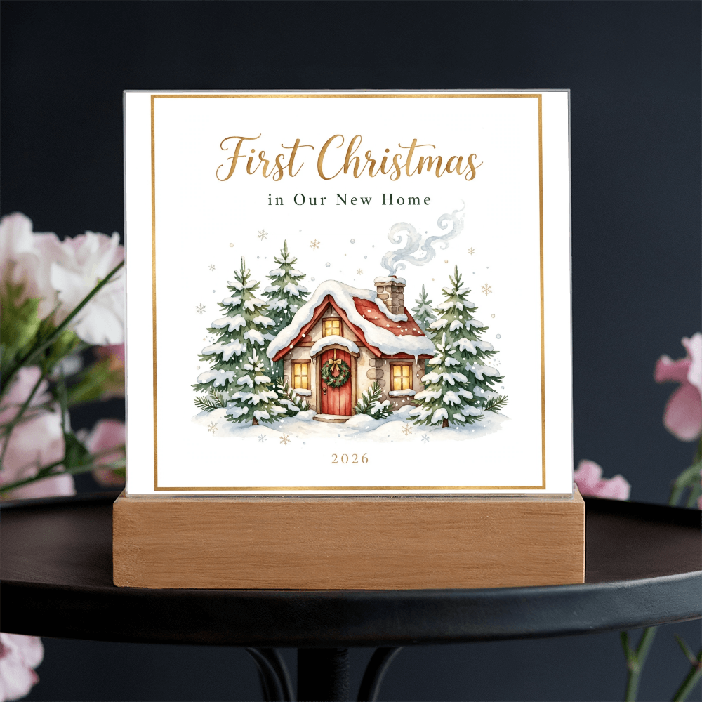 First Christmas in Our New Home 2026 Square Acrylic Plaque - Snowy Cottage LED Keepsake