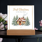 First Christmas in Our New Home 2026 Square Acrylic Plaque - Snowy Cottage LED Keepsake