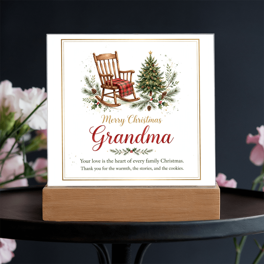 Merry Christmas Grandma Square Acrylic Plaque - Rocking Chair LED Keepsake Gift
