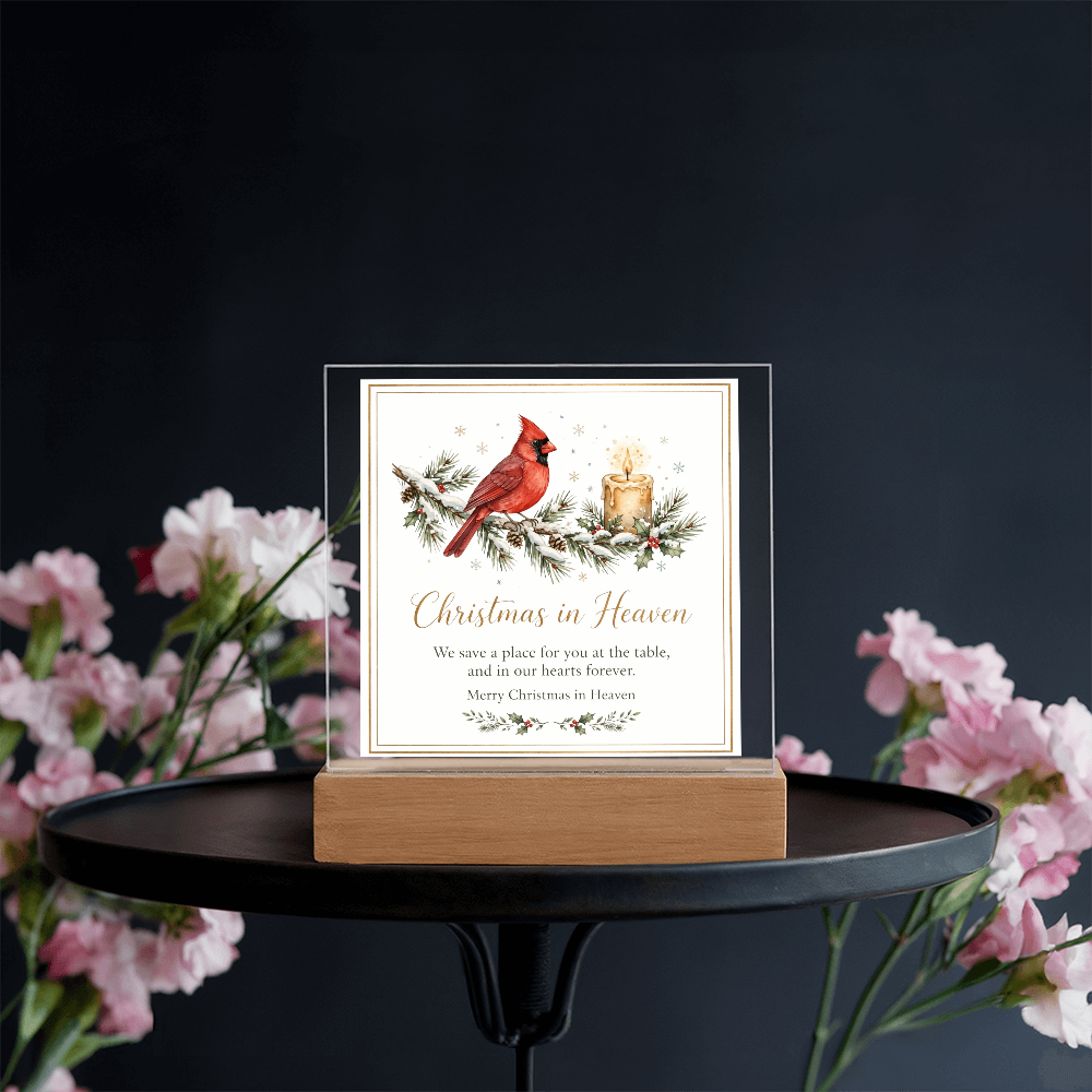 Christmas in Heaven Square Acrylic Plaque - Cardinal Memorial LED Keepsake