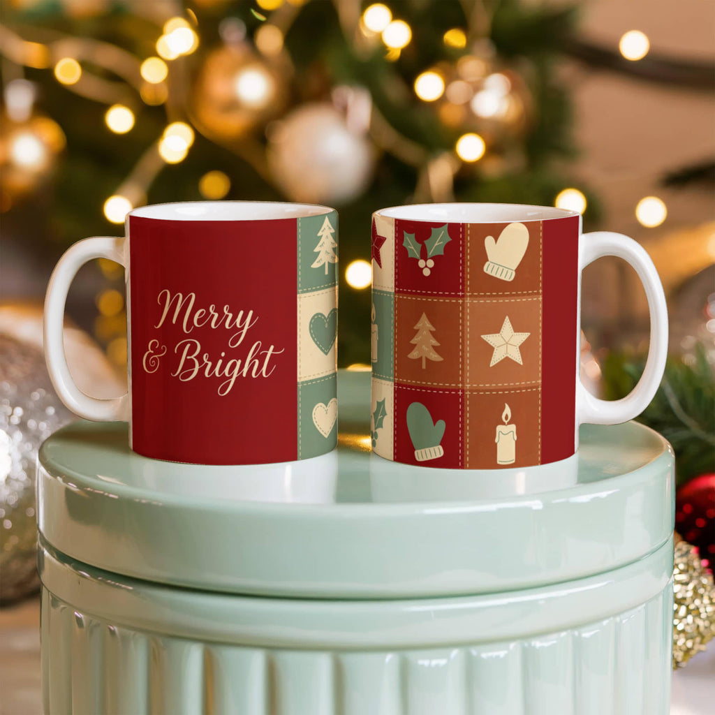 Christmas Quilt Mug - 'Merry & Bright' Vintage Patchwork Cottagecore Ceramic Mug