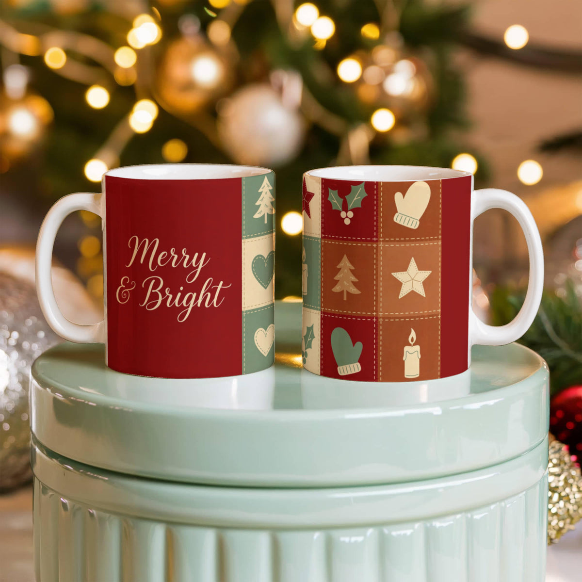 Christmas Quilt Mug - 'Merry & Bright' Vintage Patchwork Cottagecore Ceramic Mug