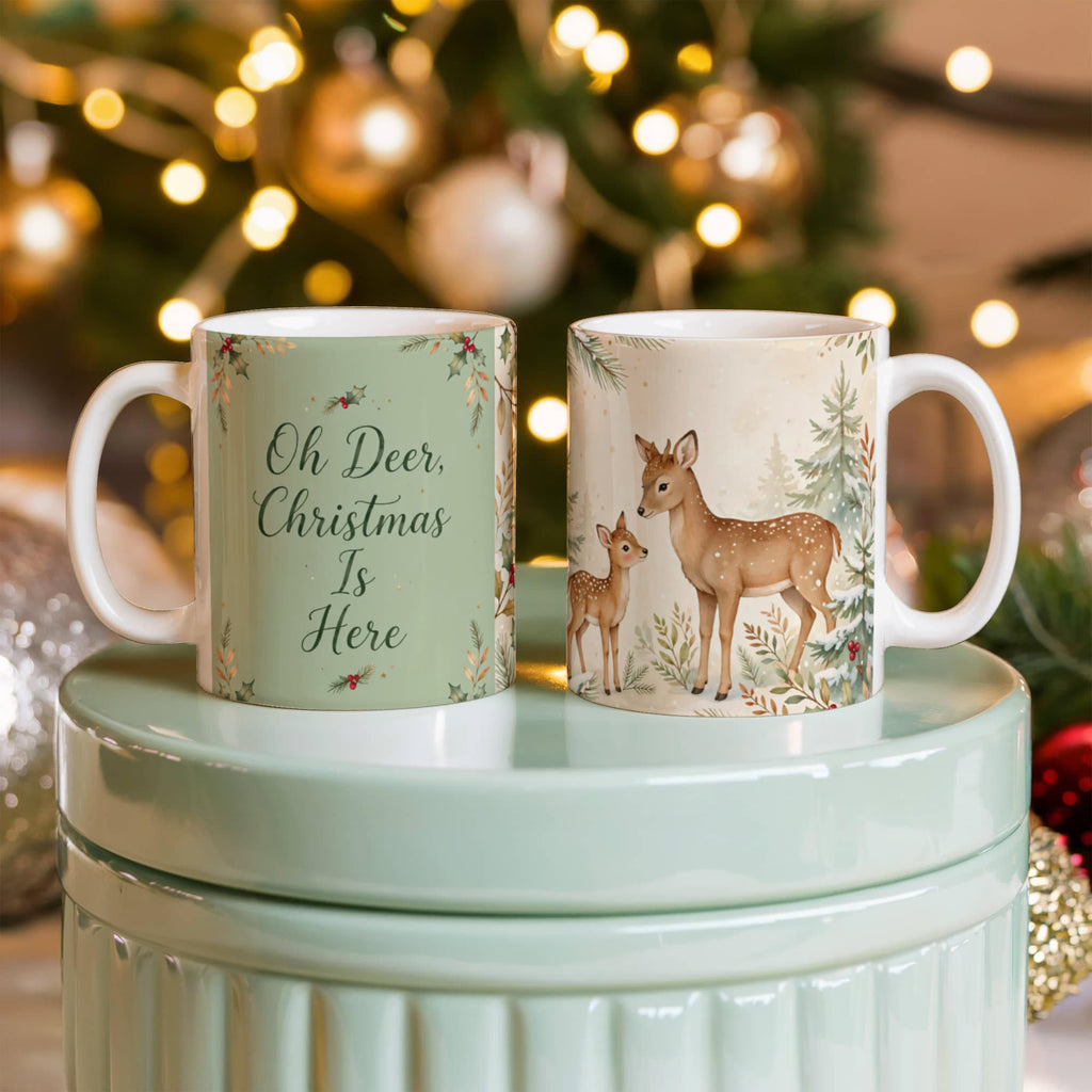 Oh Deer, Christmas Is Here Mug - Deer & Fawn Cottagecore Ceramic Coffee Mug
