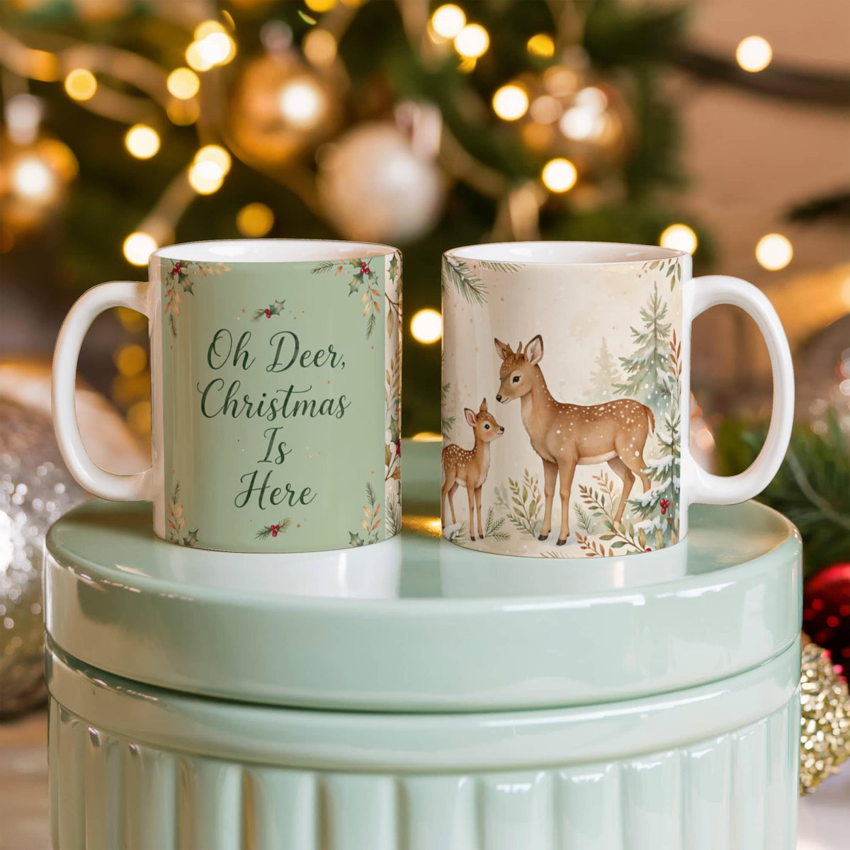 Oh Deer, Christmas Is Here Mug - Deer & Fawn Cottagecore Ceramic Coffee Mug