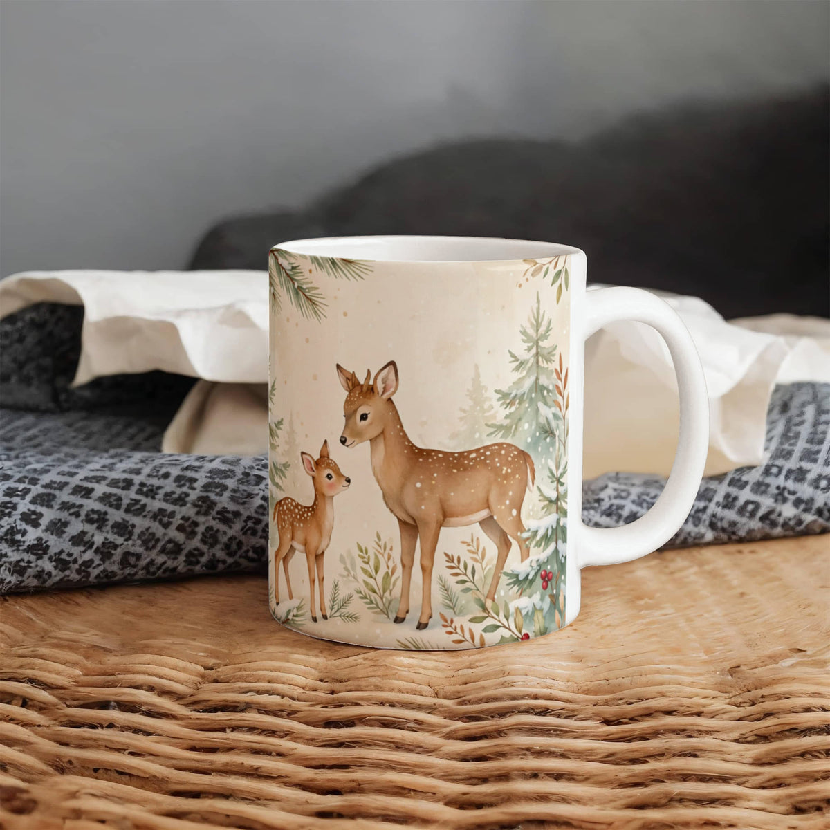 Oh Deer, Christmas Is Here Mug - Deer & Fawn Cottagecore Ceramic Coffee Mug
