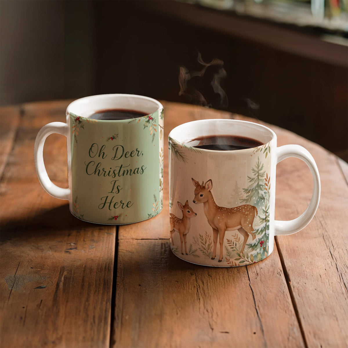 Oh Deer, Christmas Is Here Mug - Deer & Fawn Cottagecore Ceramic Coffee Mug
