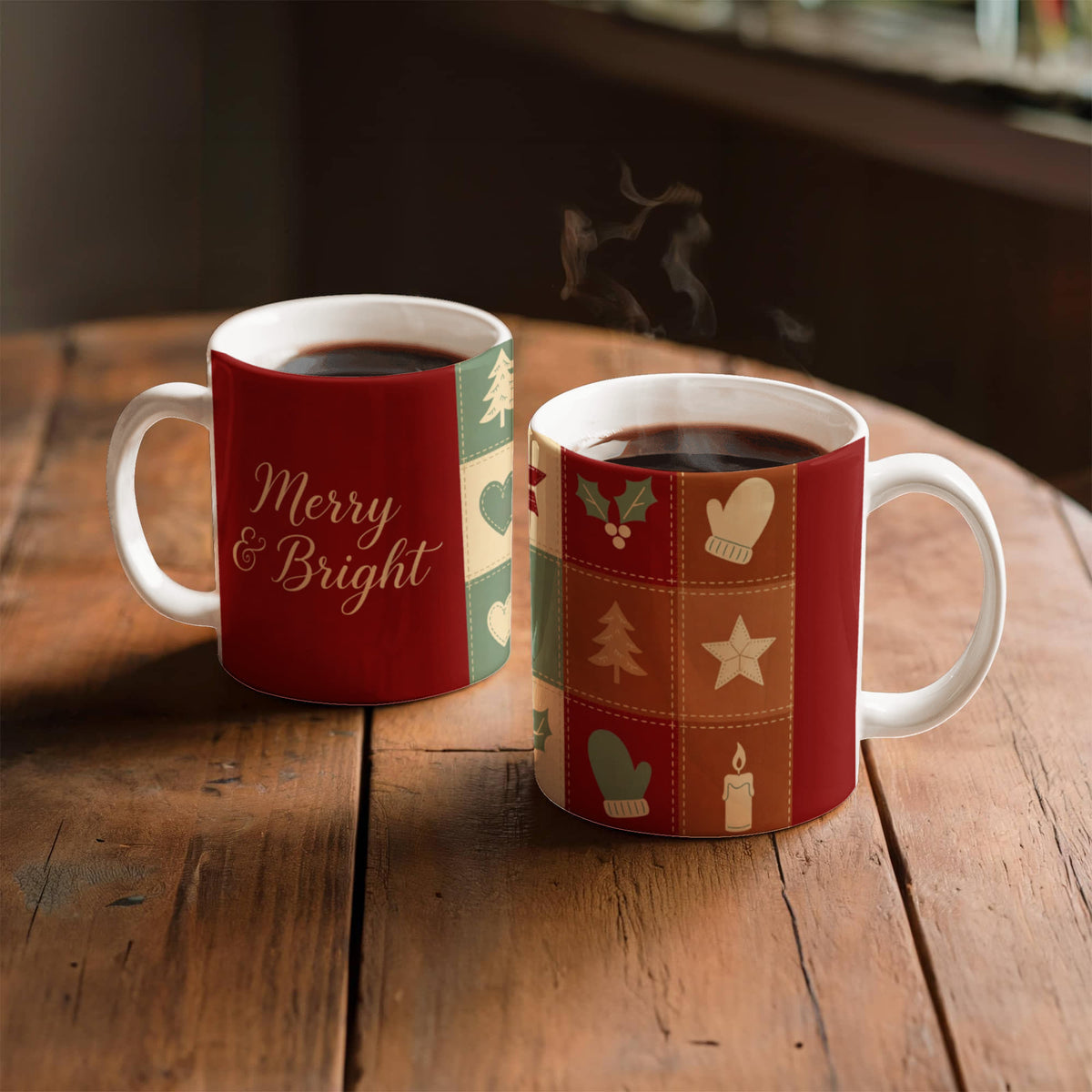 Christmas Quilt Mug - 'Merry & Bright' Vintage Patchwork Cottagecore Ceramic Mug