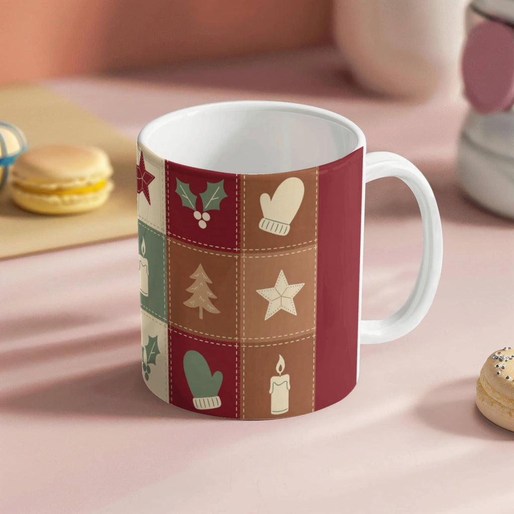 Christmas Quilt Mug - 'Merry & Bright' Vintage Patchwork Cottagecore Ceramic Mug