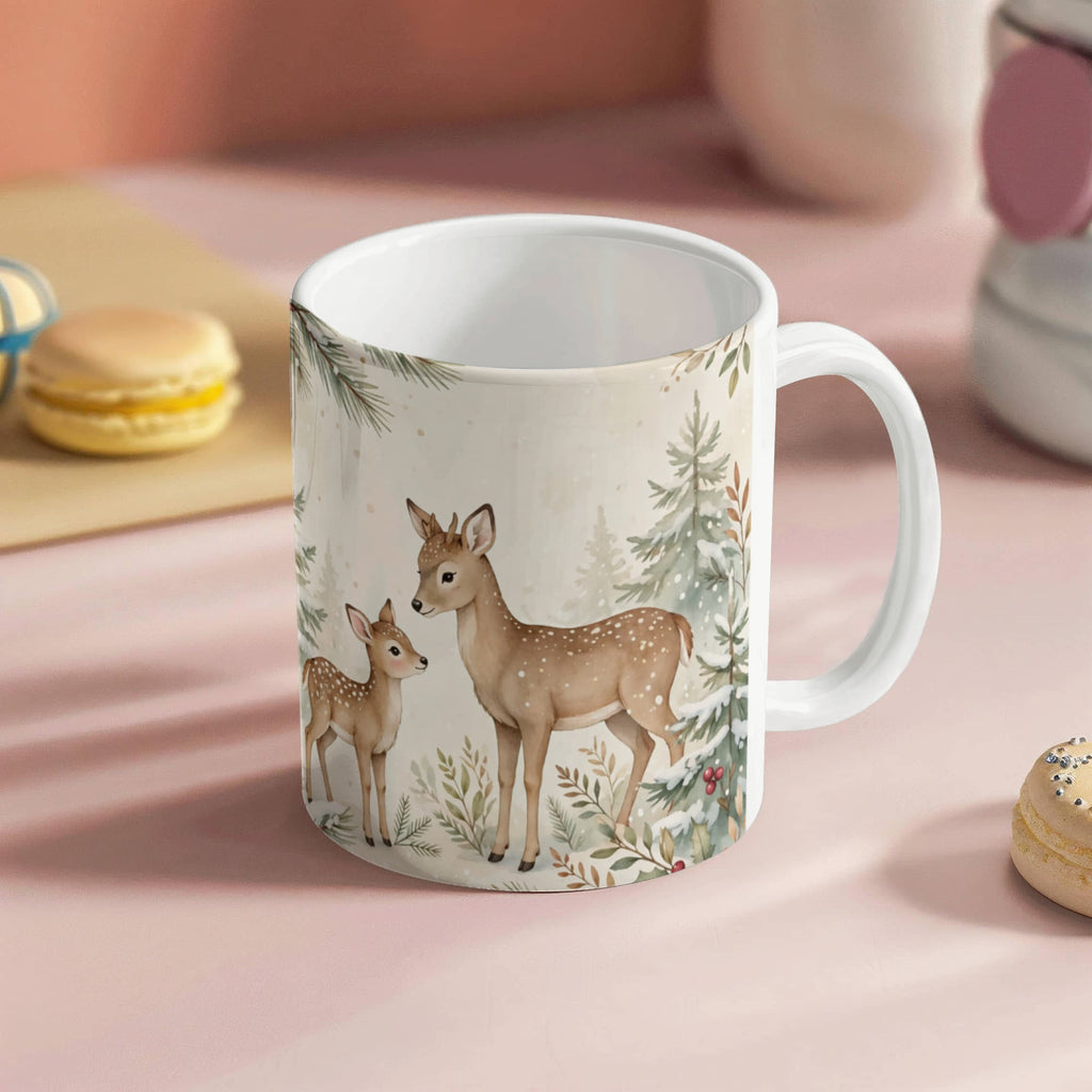 Oh Deer, Christmas Is Here Mug - Deer & Fawn Cottagecore Ceramic Coffee Mug
