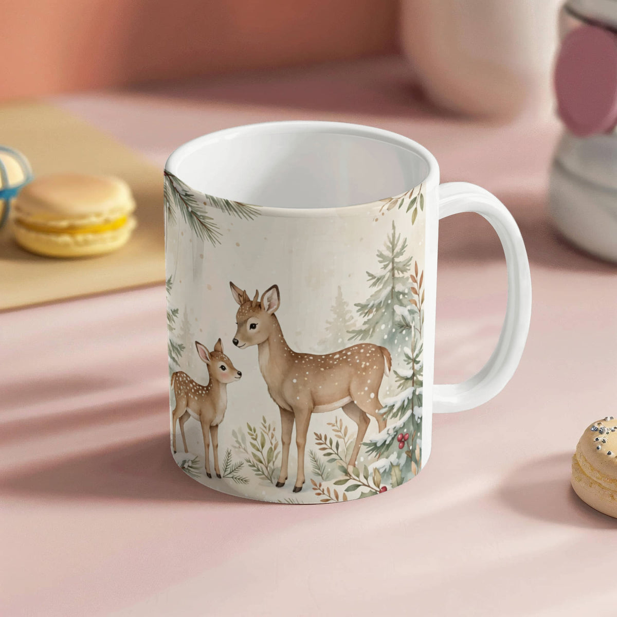 Oh Deer, Christmas Is Here Mug - Deer & Fawn Cottagecore Ceramic Coffee Mug