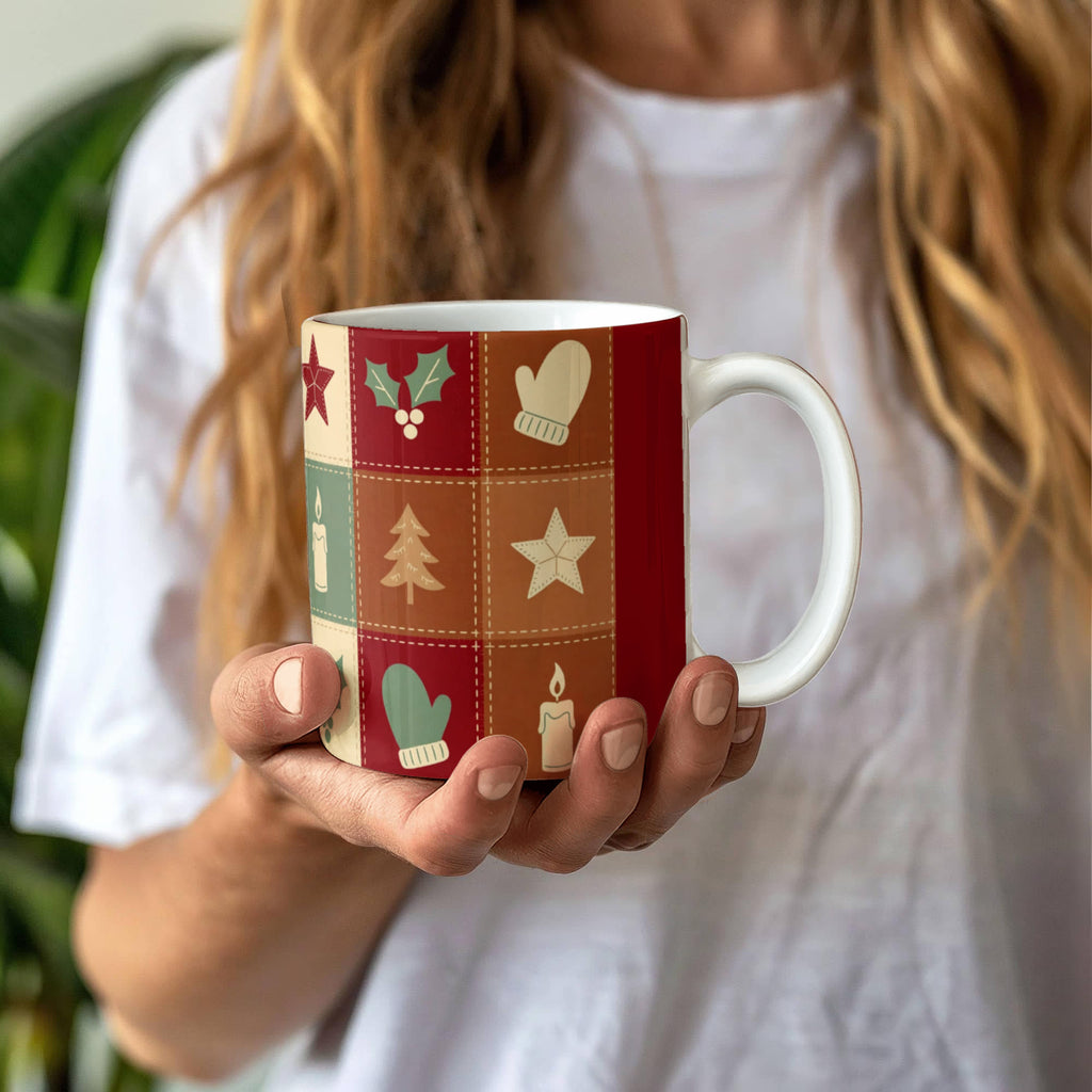 Christmas Quilt Mug - 'Merry & Bright' Vintage Patchwork Cottagecore Ceramic Mug