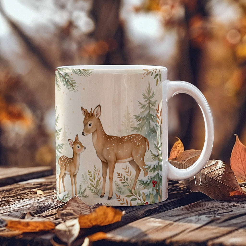 Oh Deer, Christmas Is Here Mug - Deer & Fawn Cottagecore Ceramic Coffee Mug