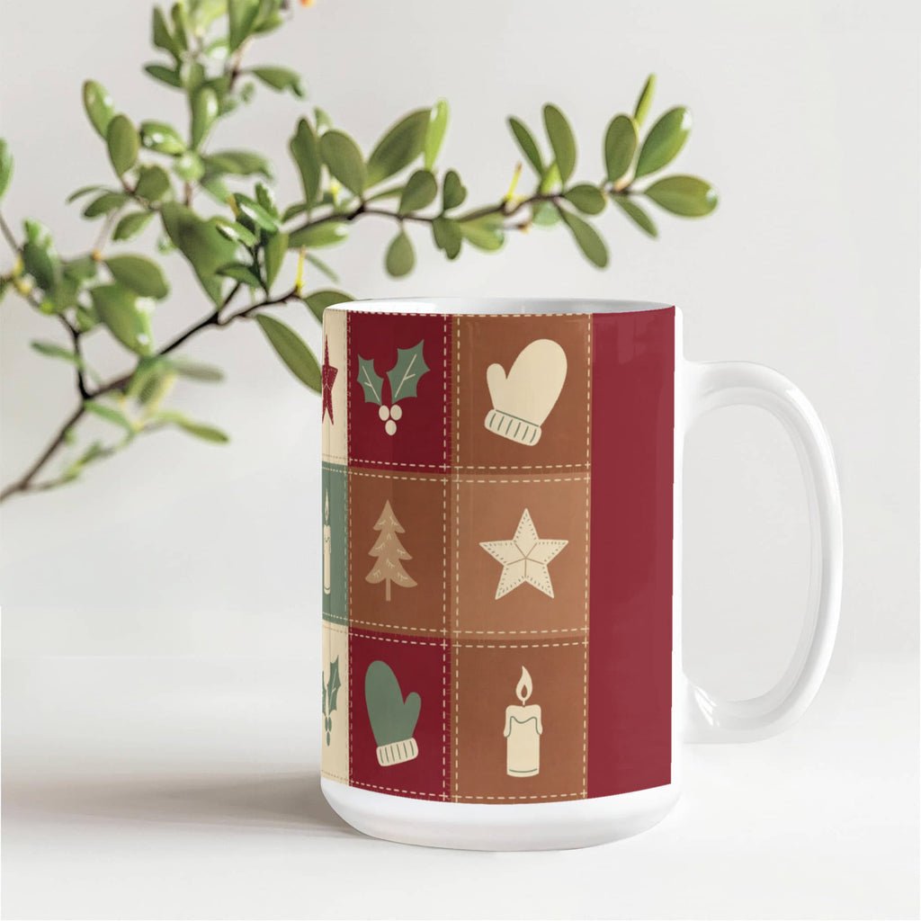 Christmas Quilt Mug - 'Merry & Bright' Vintage Patchwork Cottagecore Ceramic Mug
