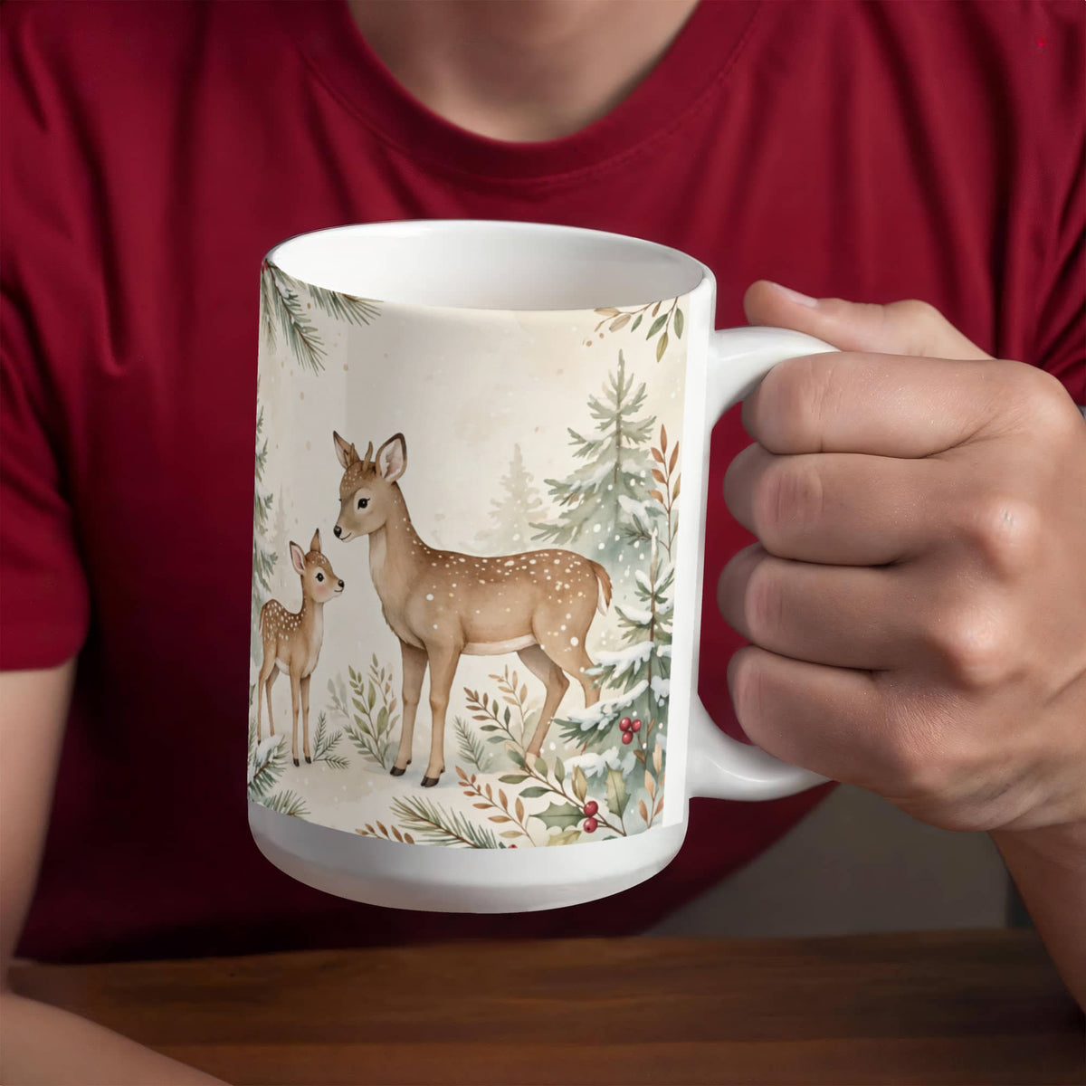 Oh Deer, Christmas Is Here Mug - Deer & Fawn Cottagecore Ceramic Coffee Mug