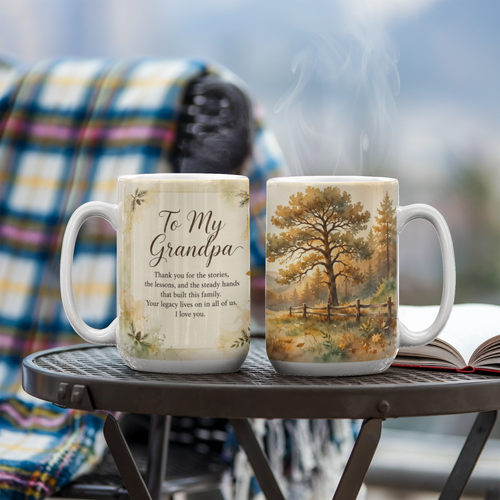 To My Grandpa — amber and sage washes with drifting leaves and faint pines melting into the oak clearing