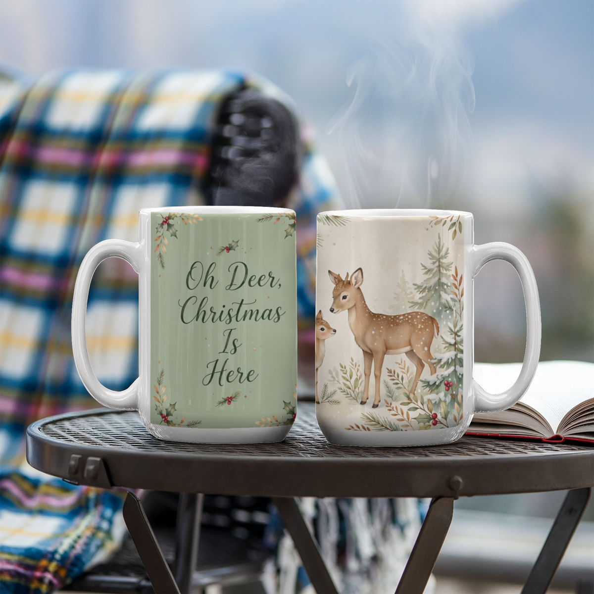 Oh Deer, Christmas Is Here Mug - Deer & Fawn Cottagecore Ceramic Coffee Mug