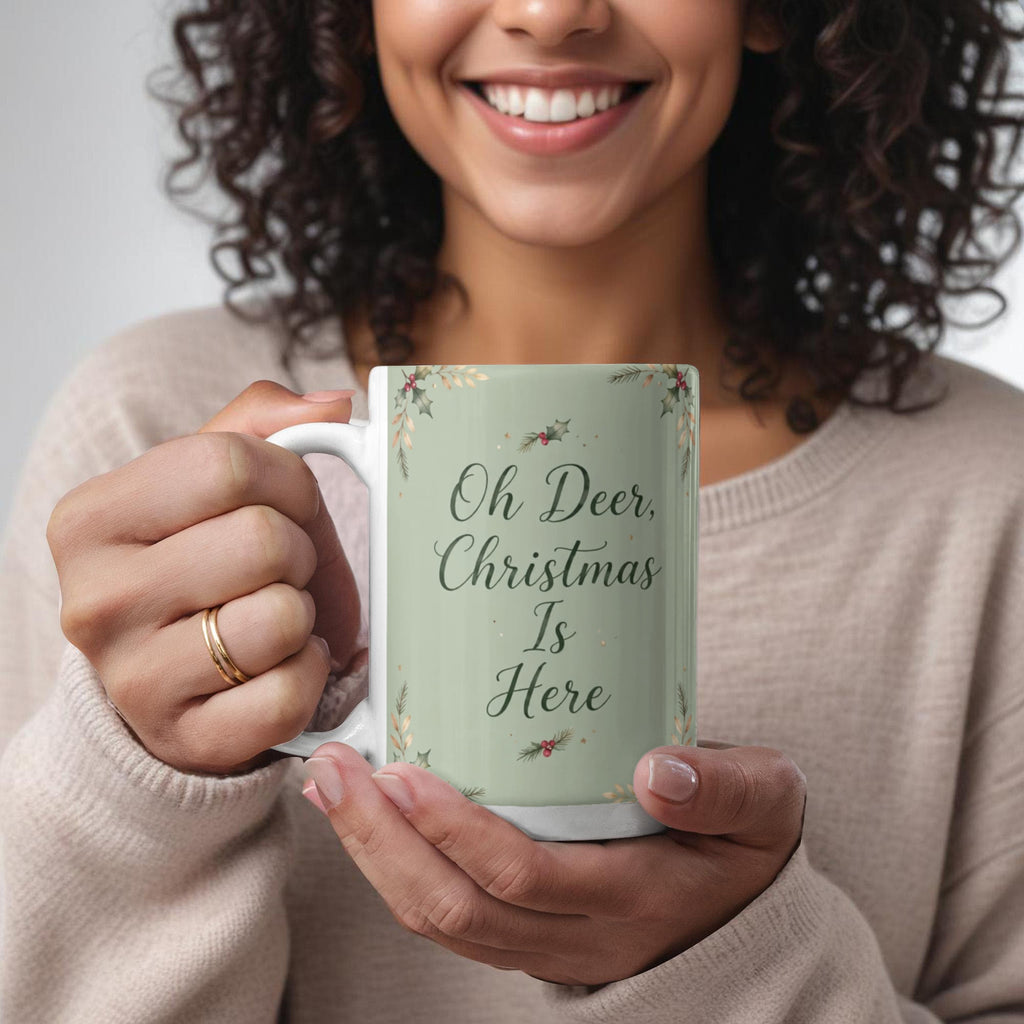 Oh Deer, Christmas Is Here Mug - Deer & Fawn Cottagecore Ceramic Coffee Mug