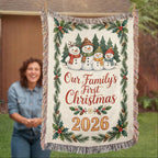 Our Family's First Christmas 2026 Woven Blanket - Snowman Family 'Merry Christmas' Throw