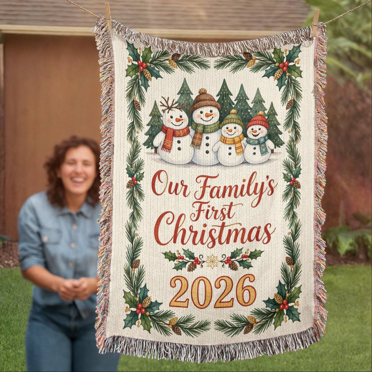 Our Family's First Christmas 2026 Woven Blanket - Snowman Family 'Merry Christmas' Throw