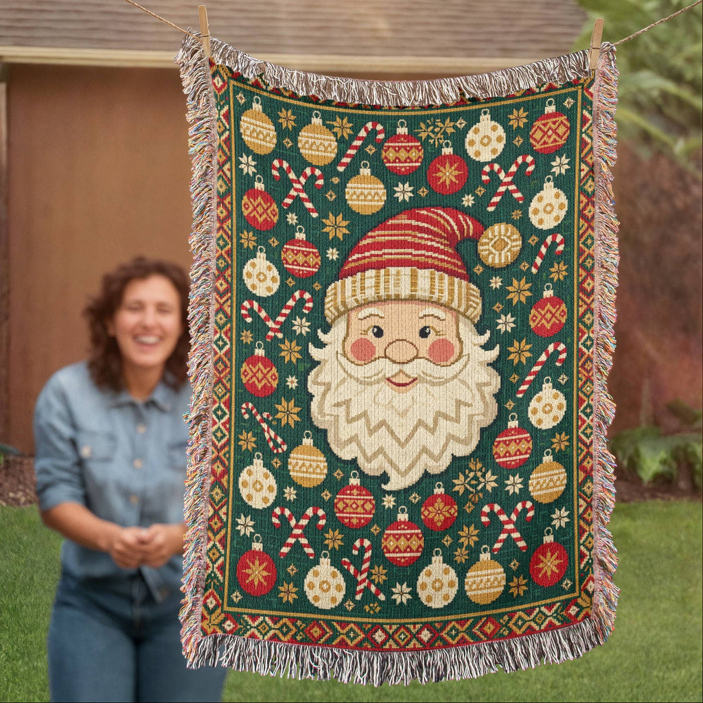Retro Santa Face Christmas Woven Blanket - Vintage Santa Tapestry Throw
