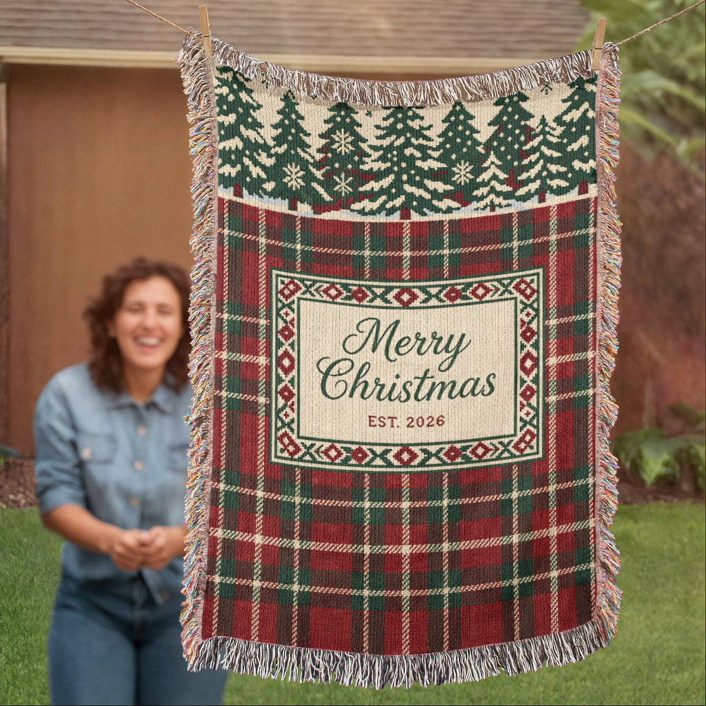 Plaid Family Christmas Woven Blanket - Tartan Throw with Name Plate, Est. 2026
